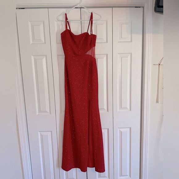 Elegant Red Evening Gown red mesh cutout sparkle prom pageant cruise size 13 - Picture 3 of 6